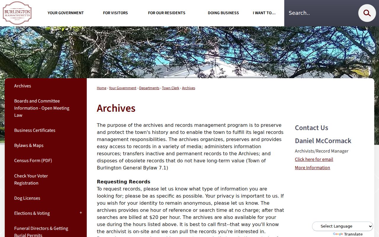 Burlington residents directory Town Archives request information