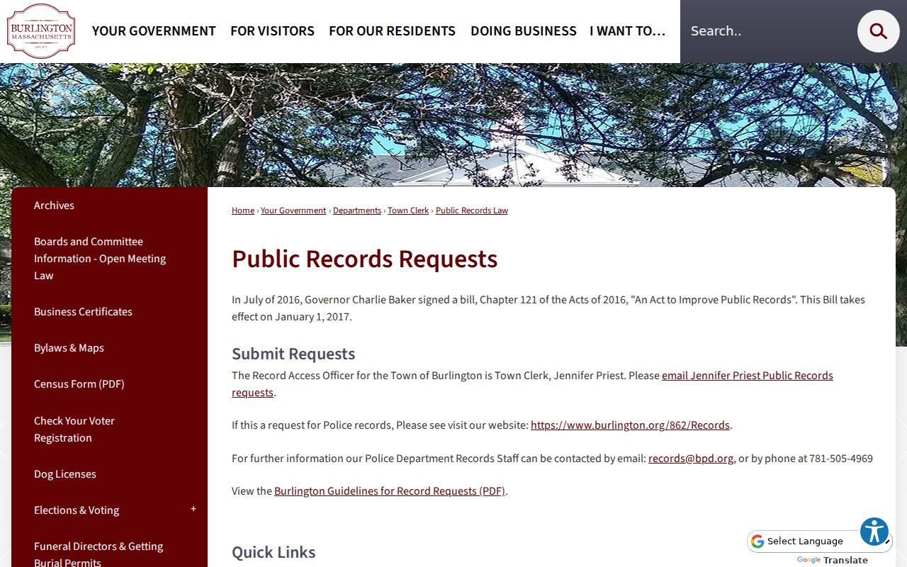 Burlington residents directory public records request route