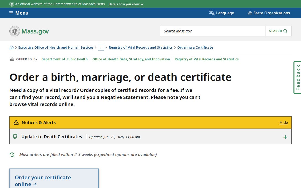 Burlington resident lookup vital record ordering through Massachusetts RVRS