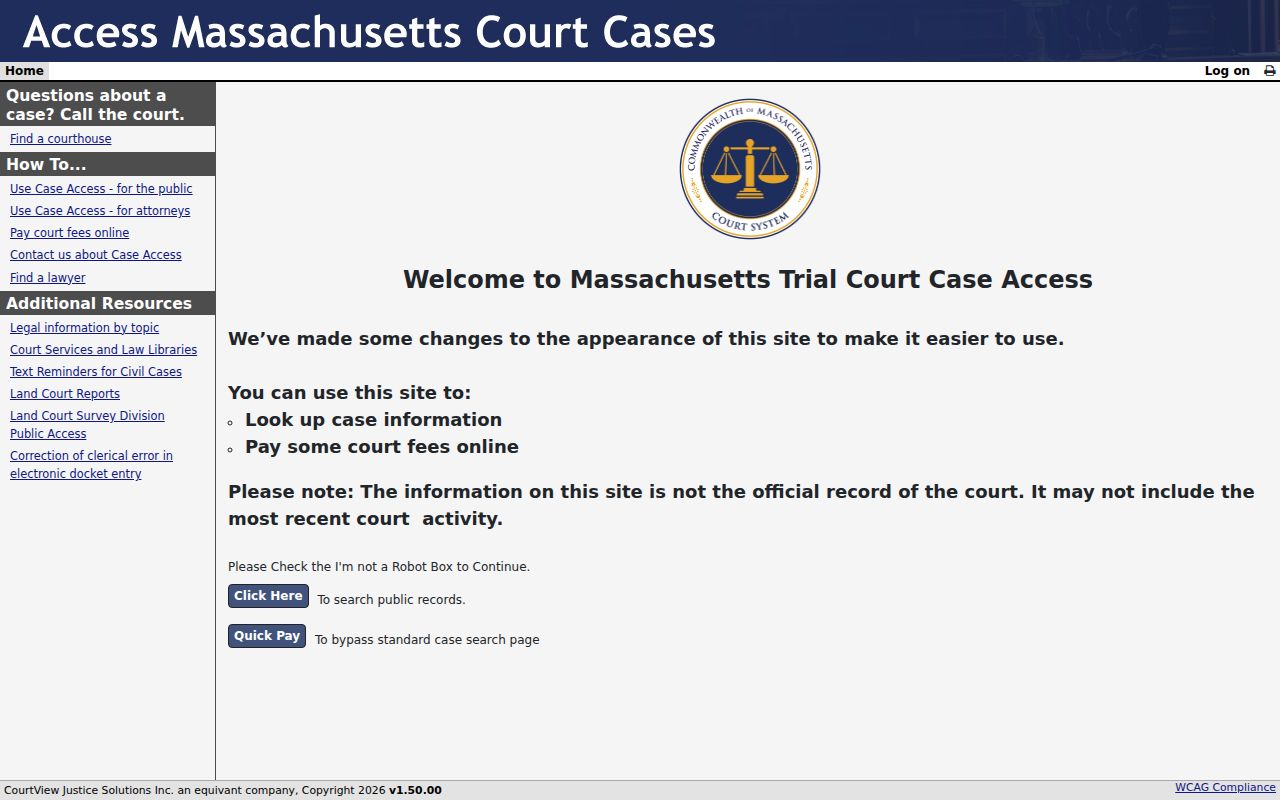 Burlington resident lookup through the Massachusetts MassCourts case search